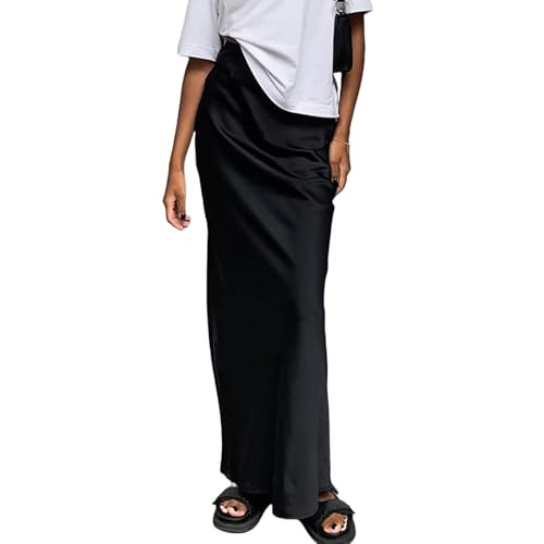JUMISEE Women's Elegant Satin Silky High Waist Maxi Skirt Flowy A Line Long Skirt Zipper Bodycon Pencil Skirt Black | Amazon (US)
