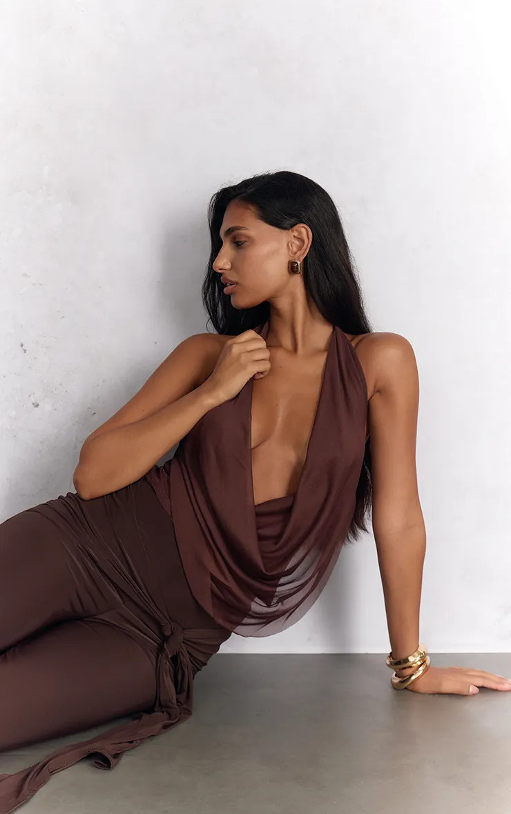 Dark Chocolate Mesh Halter Neck Top | PrettyLittleThing UK