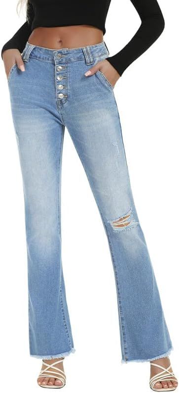 Genleck Trendy Flare Jeans for Women – High Waisted Knee Ripped Raw Hem Bell Bottom Jeans Distr... | Amazon (US)