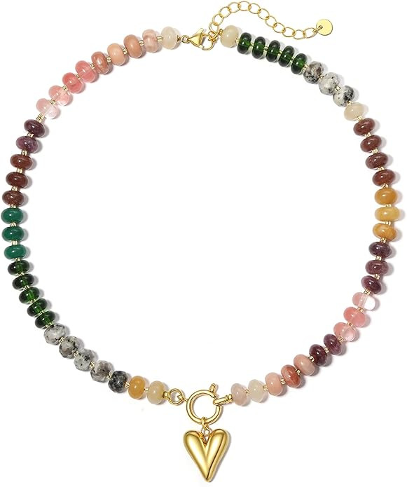 Beaded Necklace for Women,Natural Gemstone Necklace for Women,Colorful Bead Choker Necklace Handm... | Amazon (US)