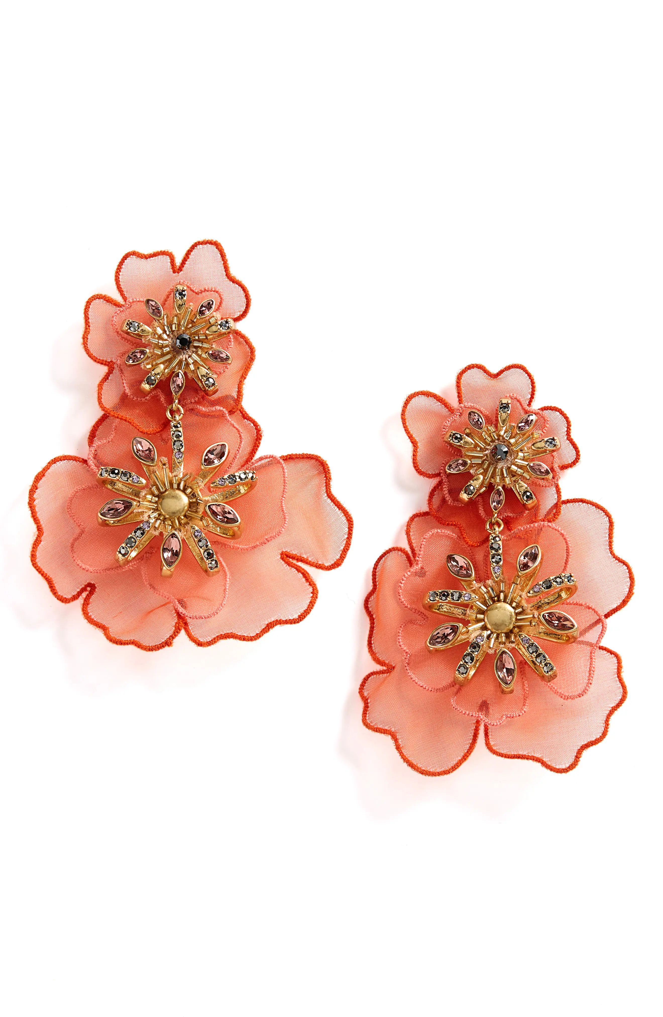 Mignonne Gavigan Zinnia Lux Silk Organza Floral Statement Drop Earrings in Coral at Nordstrom | Nordstrom