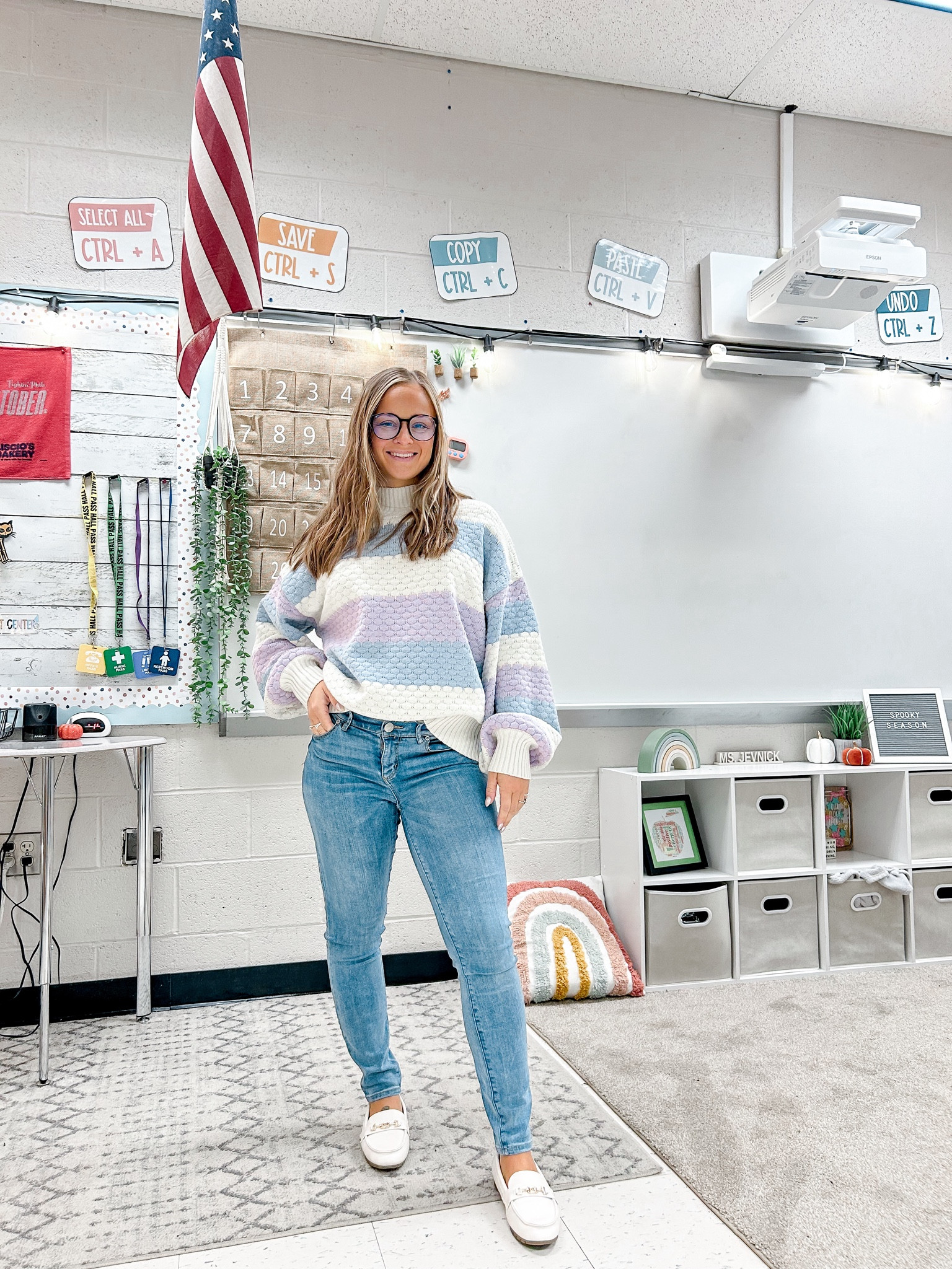 Teacher ootd. Outfit of the day sweater. Petals and pup. Skinny jeans from loft. White mules, loafers shoes from amazon. Glasses. Teach  

#LTKStyleTip #LTKWorkwear #LTKSeasonal