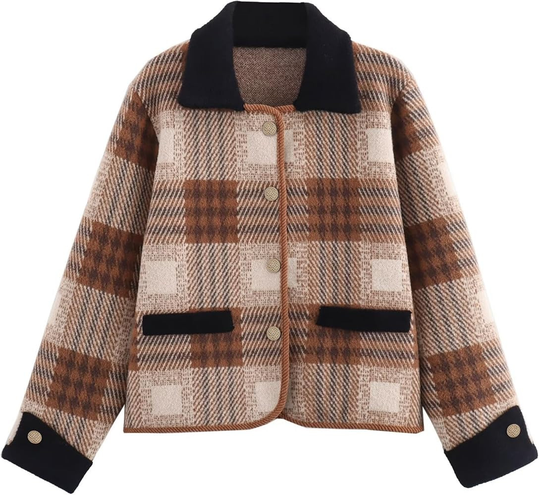 HOULENGS Women's Vintage Long Sleeve Plaid Print Cardigan Sweater Button Down Lapel Knit Sweater ... | Amazon (US)