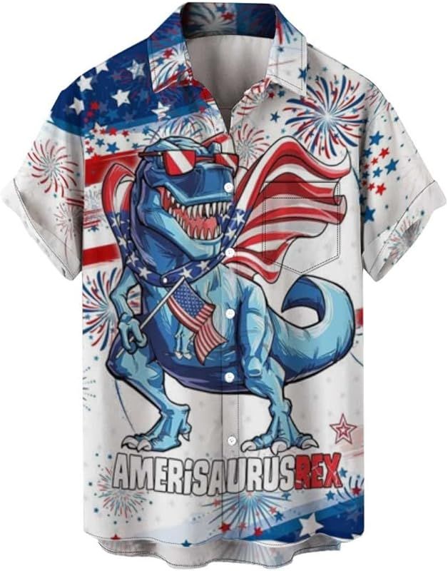TOWMUS Mens 4th of July Button Down Shirts Men's Dinosaur American Flag Print Short Sleeve Bowlin... | Amazon (US)