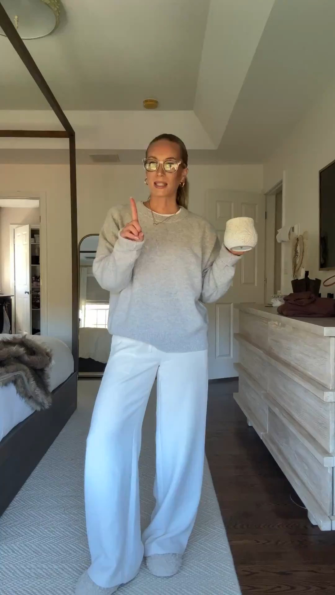 Cozy casual outfit, wearing a medium in Aritzia cashmere sweater and small in Aritzia lodge pants! Amazon tee and slippers. Lip gloss shade MIMS/ use code STYLECUSP 🤍

#LTKgrwm #LTKootd