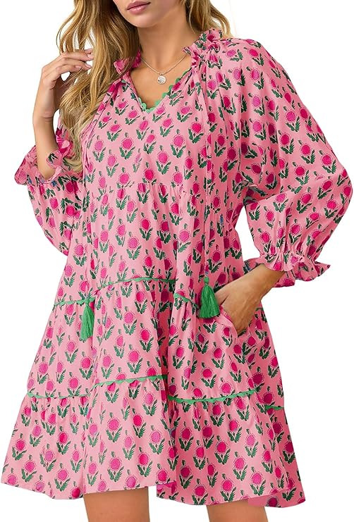 Wenrine Womens Casual Mini Dress Long Sleeve Floral Ruffle V Neck Fall Loose Boho Babydoll Dresse... | Amazon (US)