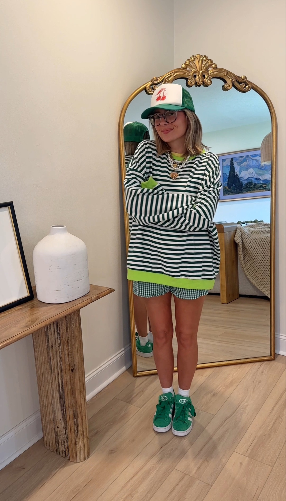 Styling recent Amazon finds pt 5. I’m wearing size large in this pullover. It’s 95% cotton & 5% spandex. The shorts are a size medium! Shoes are size 7.