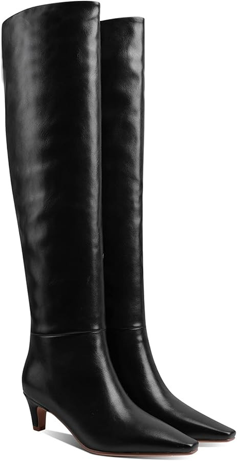 MOOMMO Botas altas de tacón de gatito sobre la rodilla para mujer, punta cuadrada, de cuero mate... | Amazon (US)