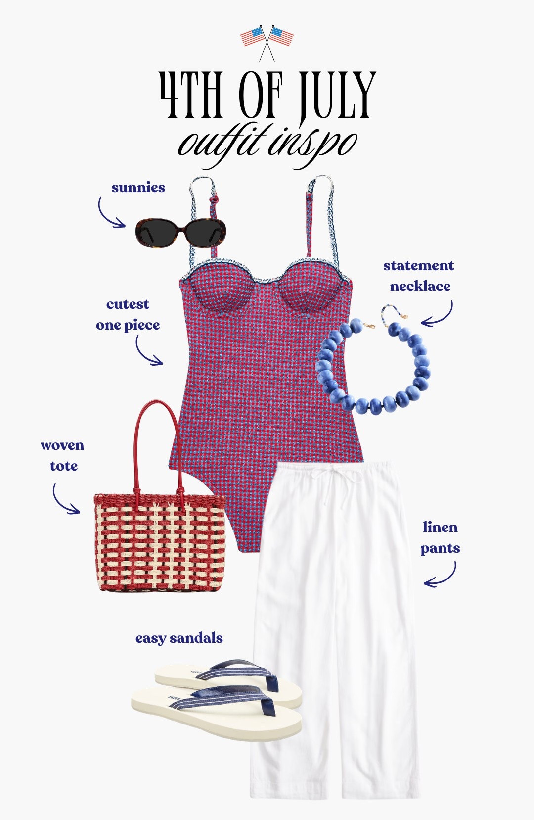 [6/30/26] 4th of July outfit inspo for a beach day, boat day, or easy weekend plans. I love this cute one-piece styled with white linen pants and simple accessories for a festive summer look that feels effortless and pulled together.

#LTKootd #LTKSeasonal #LTKSwim