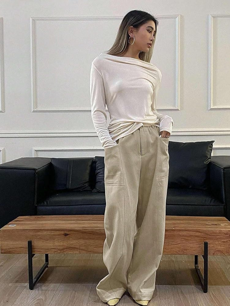 Women's Trousers Solid Color Elastic Waist Straight Leg Pants Fall | Amazon (US)