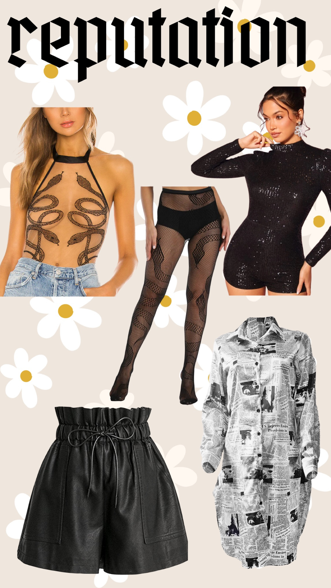 taylor swift. taylor swift eras. taylor swift concert. taylor swift outfit ideas. eras concert outfit. eras outfit. snake bodysuit. reputation. snake tights. black sequin romper. leather shorts. 

#LTKunder100 #LTKstyletip #LTKGiftGuide
