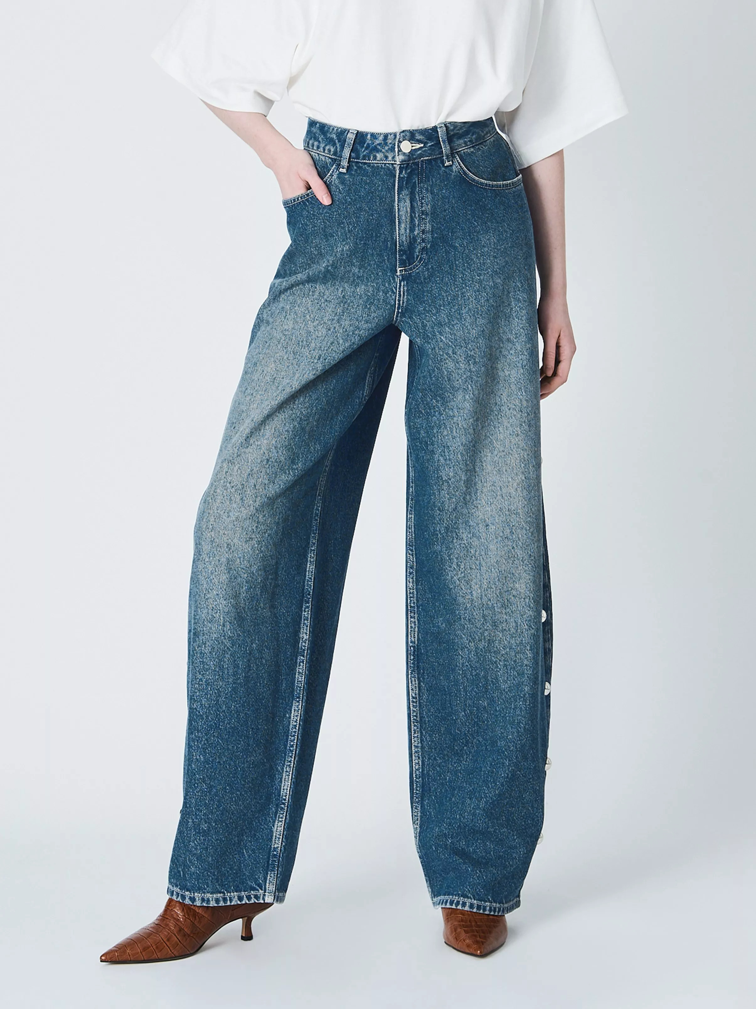 John Lewis x A.W.A.K.E. MODERelaxed Oversized Barrel Studded Jean, Mid Blue Wash | John Lewis (UK)