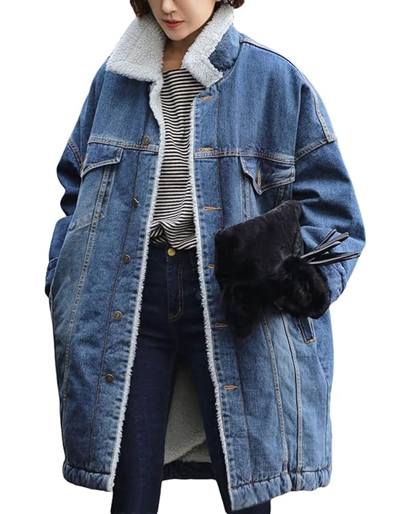 CHARTOU Women's Thick Fleece Lined Button Down Mid Long Quilted Denim Jacket Overcoat | Amazon (US)