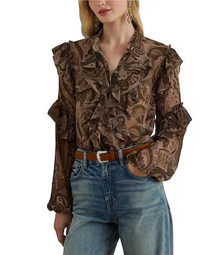 Lauren Ralph Lauren Chiffon Paisley Print Banded Collar Long Sleeve Ruffle Trim Blouse | Dillard'... | Dillard's