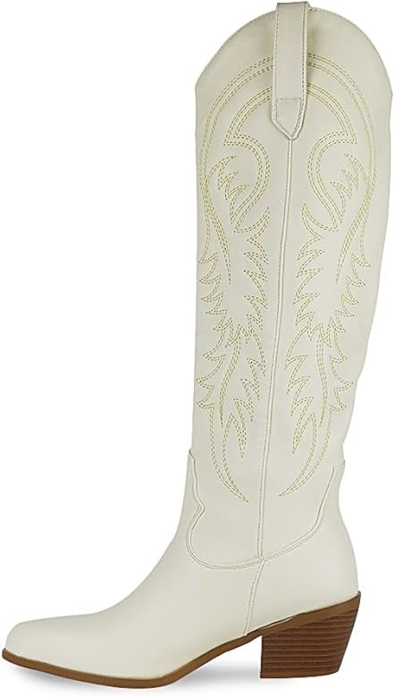 Erocalli Cowboy Boots for Women Embroidered Pull-On Chunky Stacked Heel Cowgirl Knee High Western... | Amazon (US)