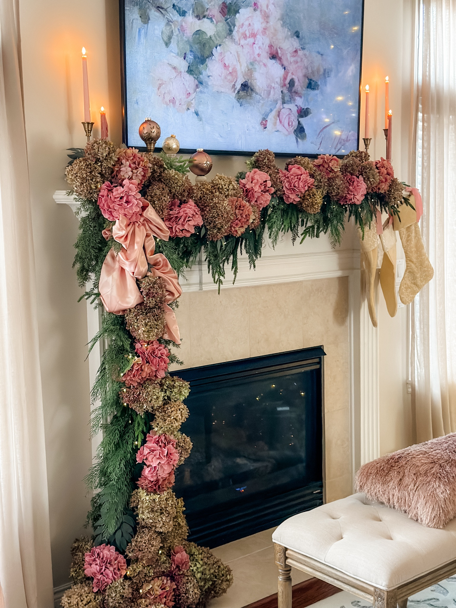 Pink Hydrangea Christmas mantle 🌸🎄💖Dried limelight hydrangea and faux hydrangeas make for a whimsy Christmas! 

Mantle styling
Garland
Christmas garland
Christmas mantle 
Flowers
Stockings 
Pink 

#LTKhome #LTKSeasonal #LTKHoliday