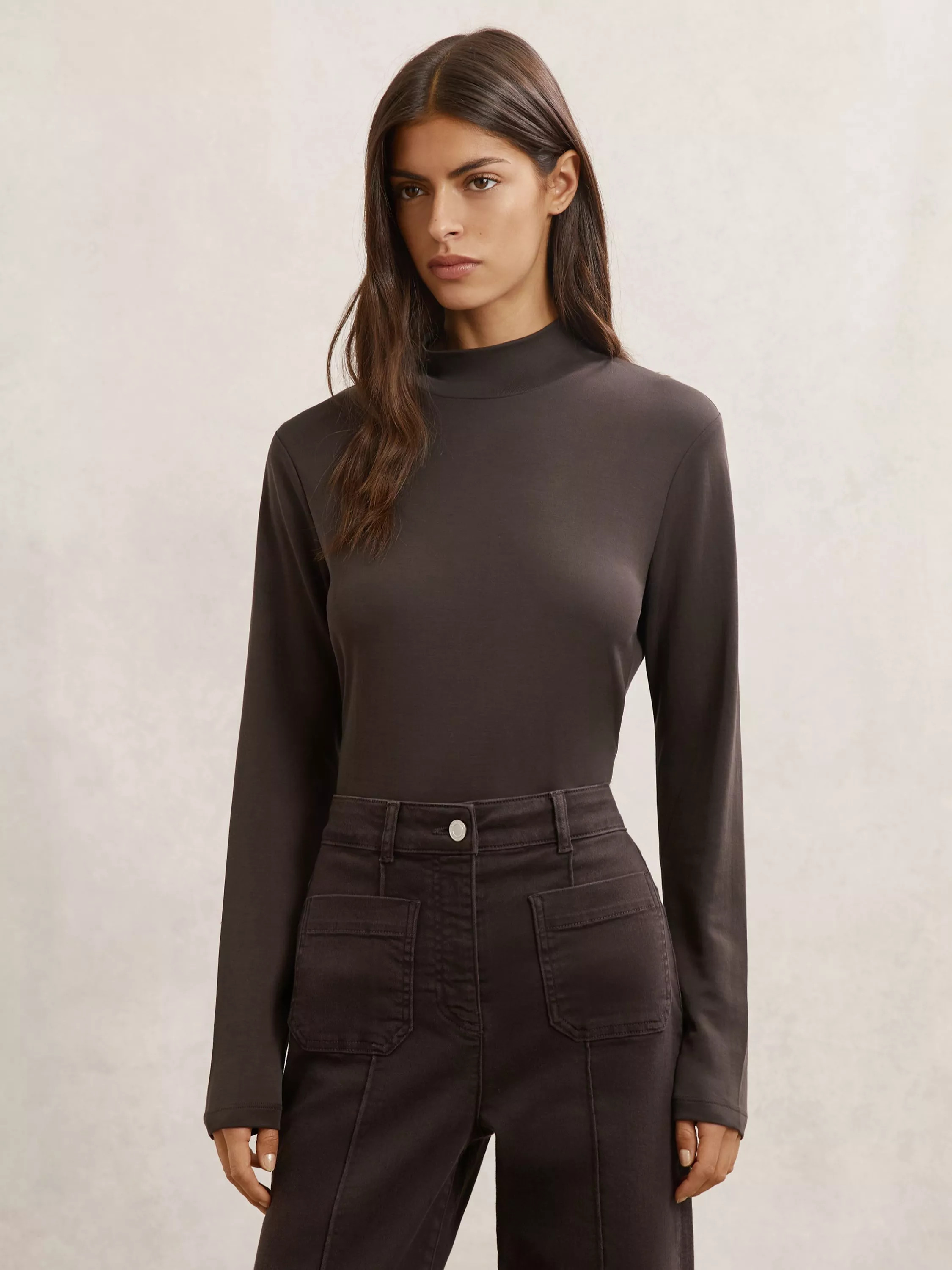 Reiss Molly High Neck Top, Chocolate Brown | John Lewis (UK)