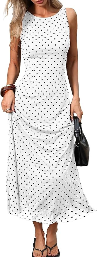 ELLEVEN Women’s Polka Dot Maxi Tank Dress, Sleeveless Boat Neck Bodycon Slim Fit Elegant Long D... | Amazon (US)