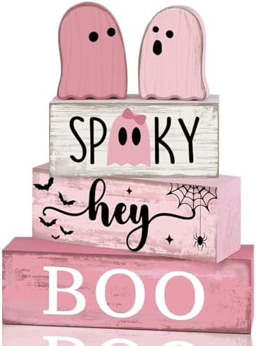 4 Pcs Pink Halloween Decor Ghost Table Decorations Halloween Tiered Tray Decor Farmhouse Ghost Ta... | Amazon (US)