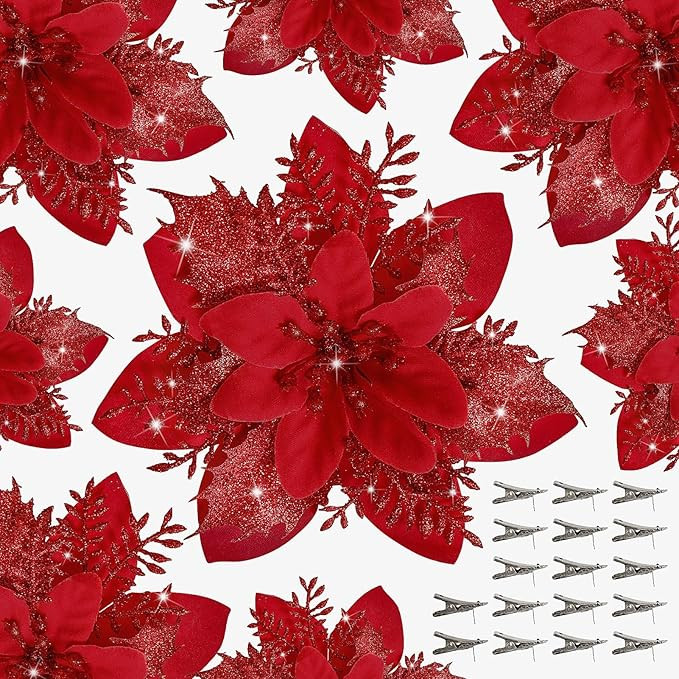 15 PCS Poinsettia Flower Artificial Poinsettia with Clips Christmas Decor Glitter Poinsettia Chri... | Amazon (US)