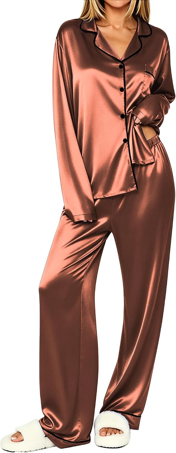 Ekouaer Womens Pajamas Silk Satin Long Sleeve Button Down Pjs Lounge Set | Amazon (US)