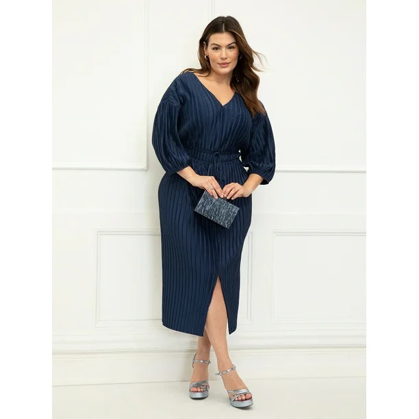 ELOQUII Elements Women's Plus Size Puff Sleeve Plisse Dress | Walmart (US)