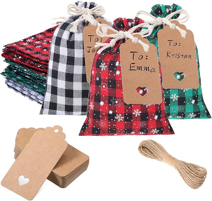 Shappy 24 Pcs Christmas Drawstring Gift Bags Xmas Buffalo Plaid Burlap Advent Bags 7 x 5 Inches L... | Amazon (US)