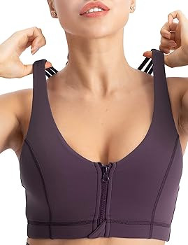 Hopgo Women's Zip Front Sports Bra Medium Impact Strappy Criss-Cross Back Workout Bra Padded Bra ... | Amazon (US)