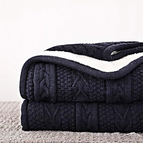 Longhui bedding Acrylic Cable Knit Sherpa Throw Blanket - Thick, Soft, Big, Cozy Navy Knitted Fle... | Amazon (US)