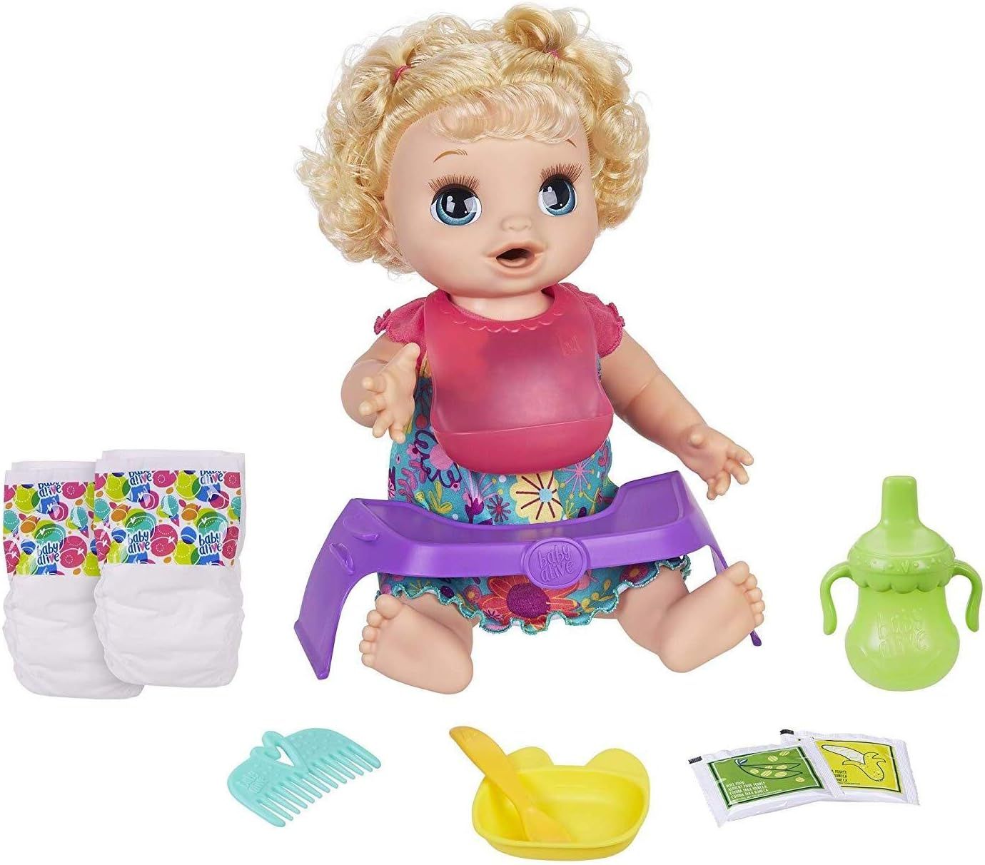 Baby Alive Happy Hungry Baby Blond Curly Hair Doll, Makes 50+ Sounds & Phrases, Eats & Poops, Drinks | Amazon (US)