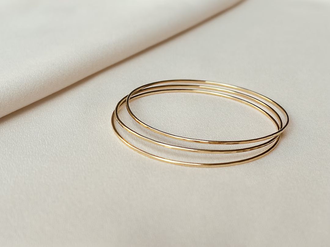 Set of Three Hammered Gold Bangles | 14k Gold Filled Bracelet Thin Gold Bangles Bangle Bracelet H... | Etsy (US)