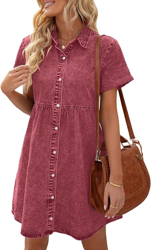 LookbookStore Women's Short Sleeve Button Down Flowy Tiered Babydoll Denim Dress | Amazon (US)