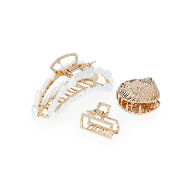 Time and Tru Women's Gold Tone Metal Claw Clip Set with Faux Pearl Embellishments, 3-Piece | Walmart (US)