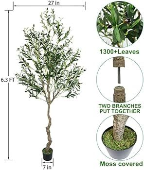 VIGGDA Artificial Olive Tree 6.3ft(75in,1389leaves) Tall in Potted Faux Olive Tree Fake Silk Tree... | Amazon (US)