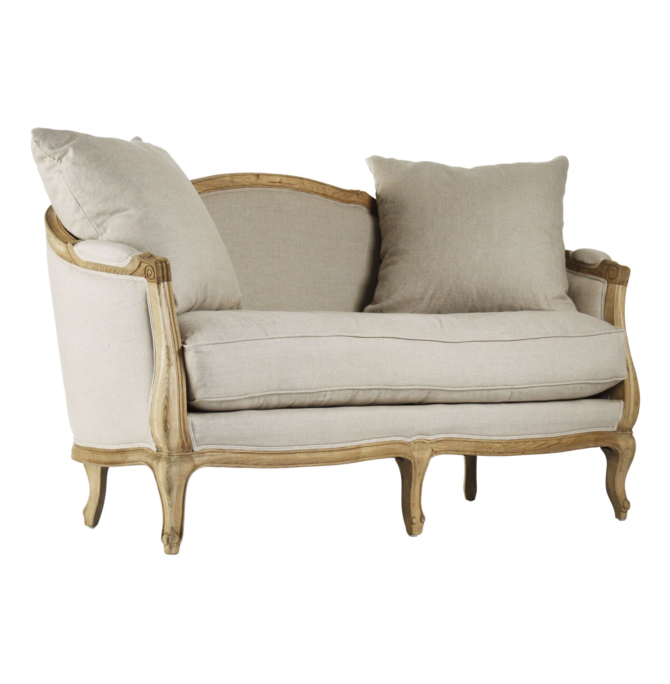 Rue du Bac French Country Natural Linen Feather Settee Loveseat | Kathy Kuo Home