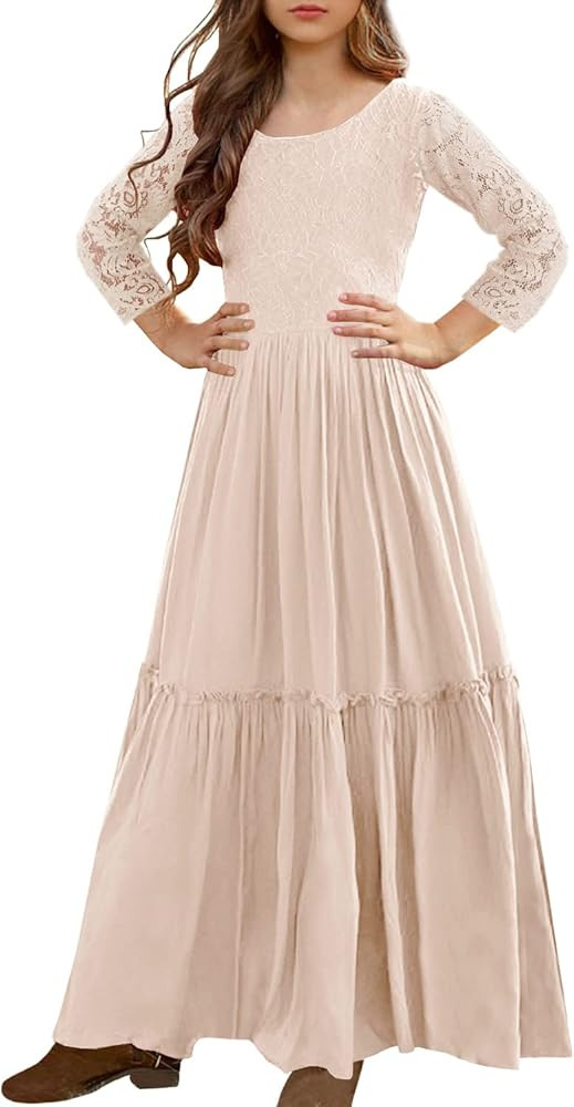 MITILLY Girls Lace Flower Ruffle Sleeve A-Line Swing Wedding Party Maxi Dress with Pockets | Amazon (US)