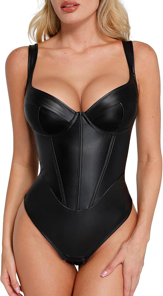 Popilush Leather Corset Bodysuit for Women Tummy Control V Neck Thong Shapewear Sleeveless Body S... | Amazon (US)
