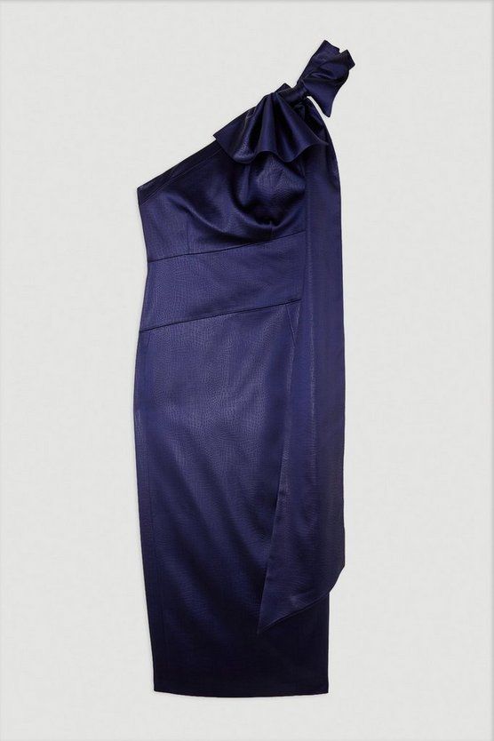 Italian Textured Satin Drape Shoulder Tailored Midi Dress | Karen Millen US