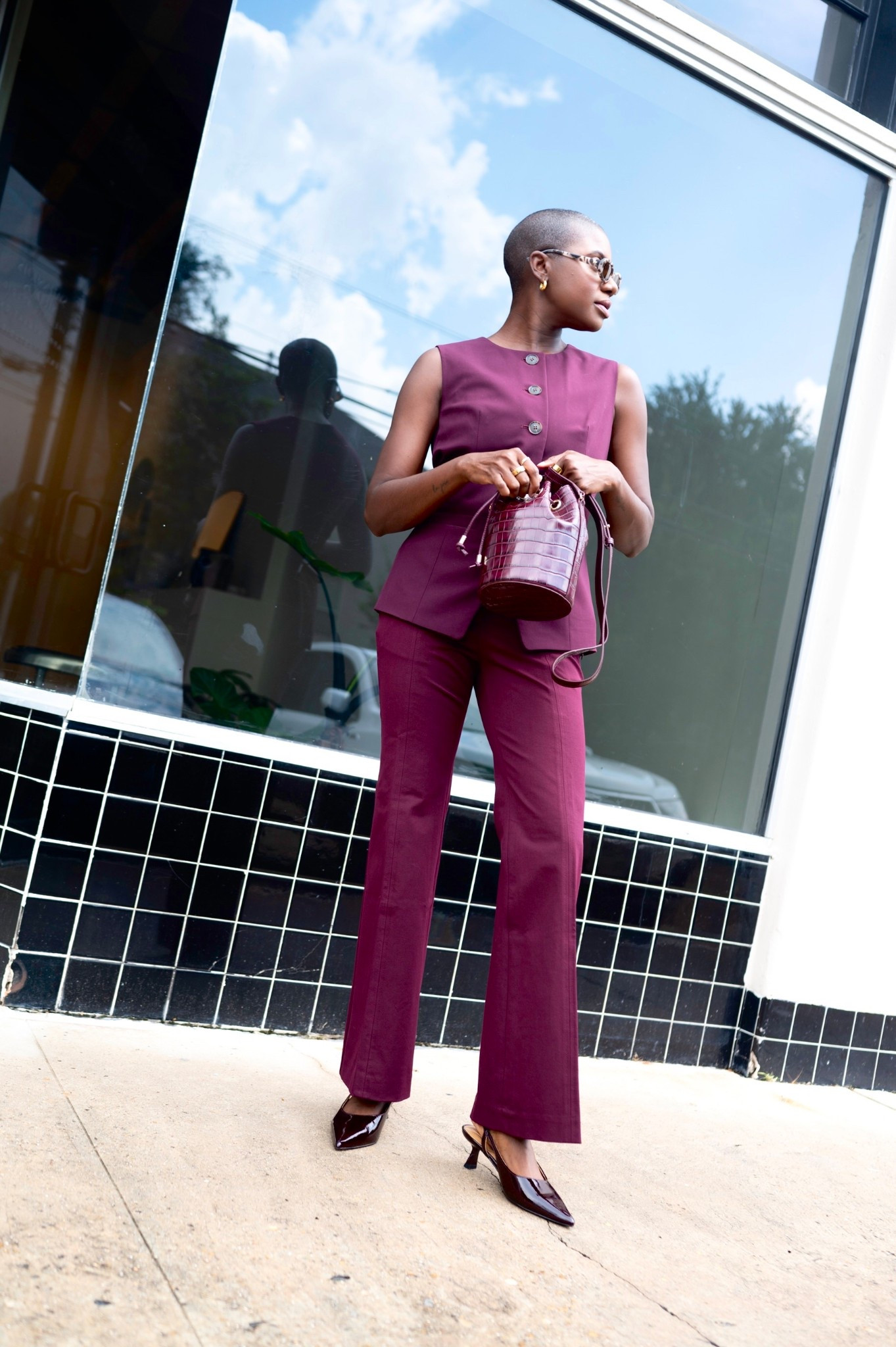 Workwear! Monochrome fall outfit in rich burgundy! Burgundy button up vest, burgundy trousers, burgundy slingback kitten heels and burgundy croc bucket purse with oval tortoise sunglasses  

#LTKWorkwear #LTKSeasonal
