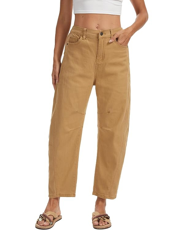 Barrel Jeans for Women Mid Rise Pull On Wide Leg Cropped Stretchy Boyfriend Denim Pants Trendy | Amazon (US)