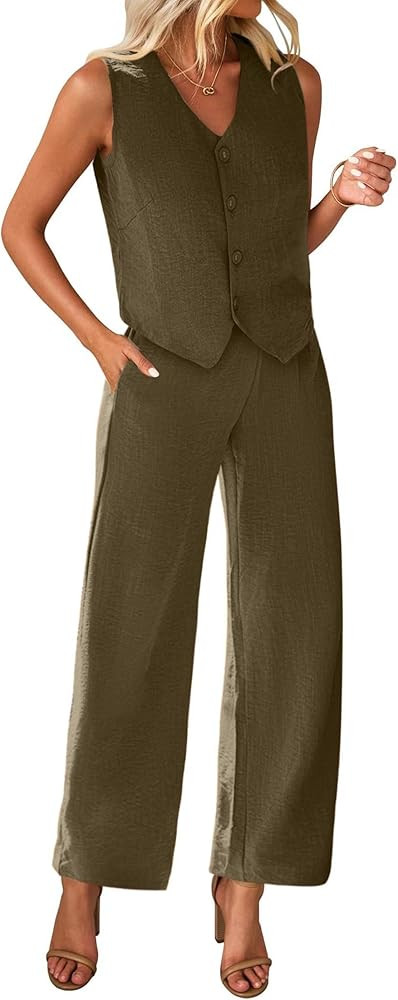 KIRUNDO Womens Two Piece Outfits Summer Fashion Button V Neck Crop Vest Blazer and Wide Leg Pants... | Amazon (US)