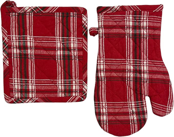 Serafina Home Kitchen Pot Holder Oven Mitt Set: Red Tartan Cotton Flat Weave with Easy Hang Fabri... | Amazon (US)