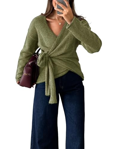 Watashi Women Casual V Neck Wrap Sweater Long Sleeve Cozy Self Tie Belted Knit Sweaters Fall Wint... | Amazon (US)