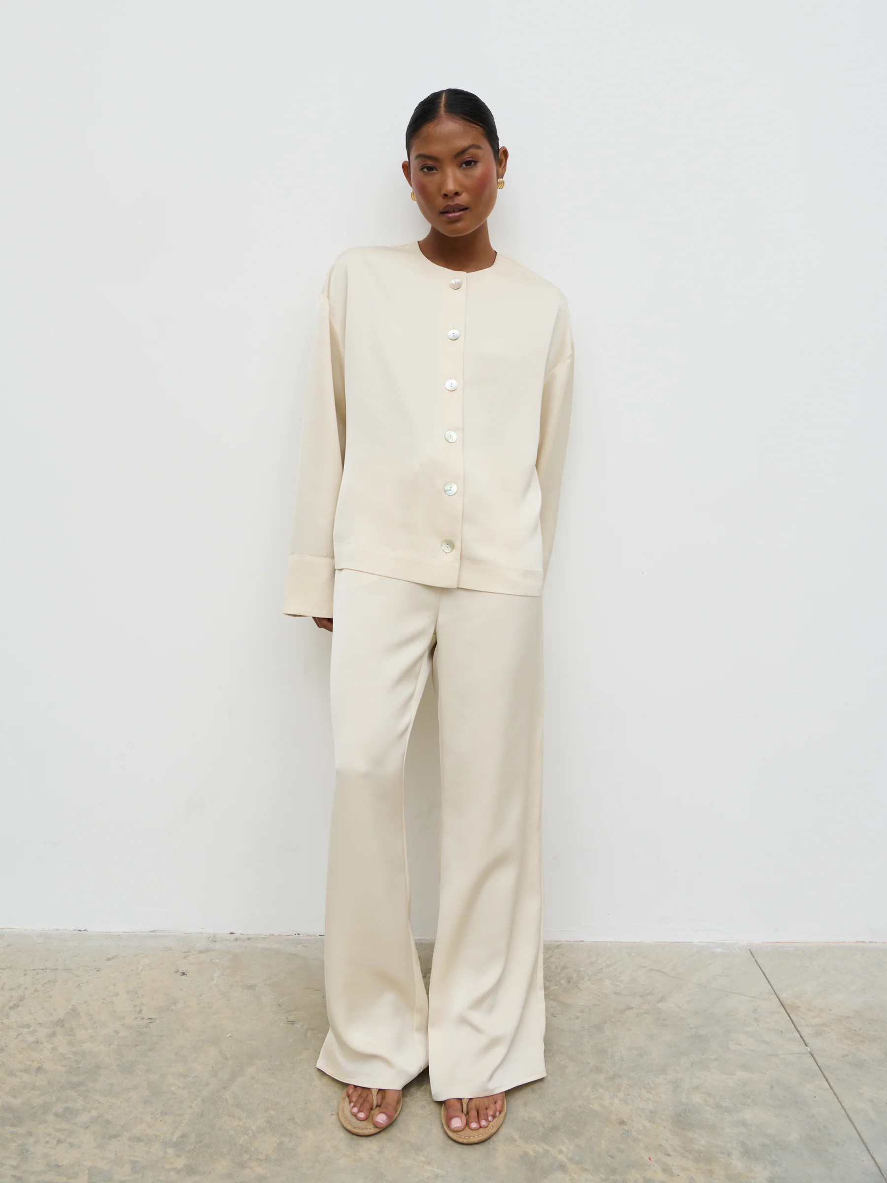 Dua Satin Button Blouse - Oyster | Pretty Lavish (UK)