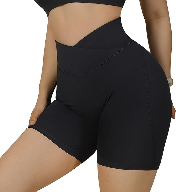 RXRXCOCO Women V Cross Waist Workout Shorts High Waisted Butt Lifting Biker Shorts | Amazon (UK)