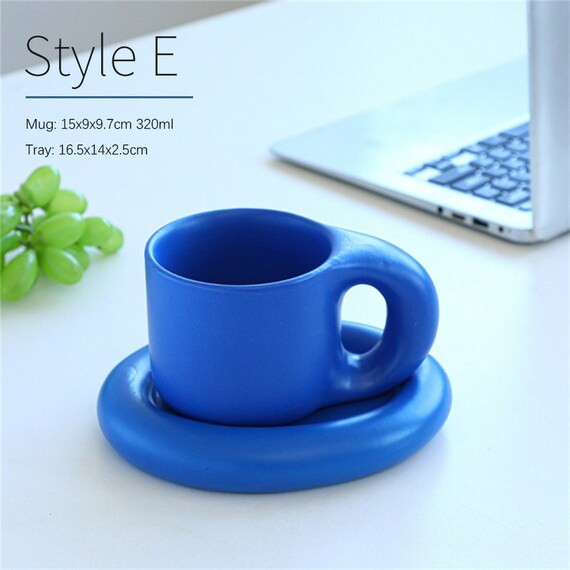 Nordic Klein Blue Coffee Mug with Fat Big Handle Lovely Ceramic Breakfast Cup with Saucer | Etsy (US)