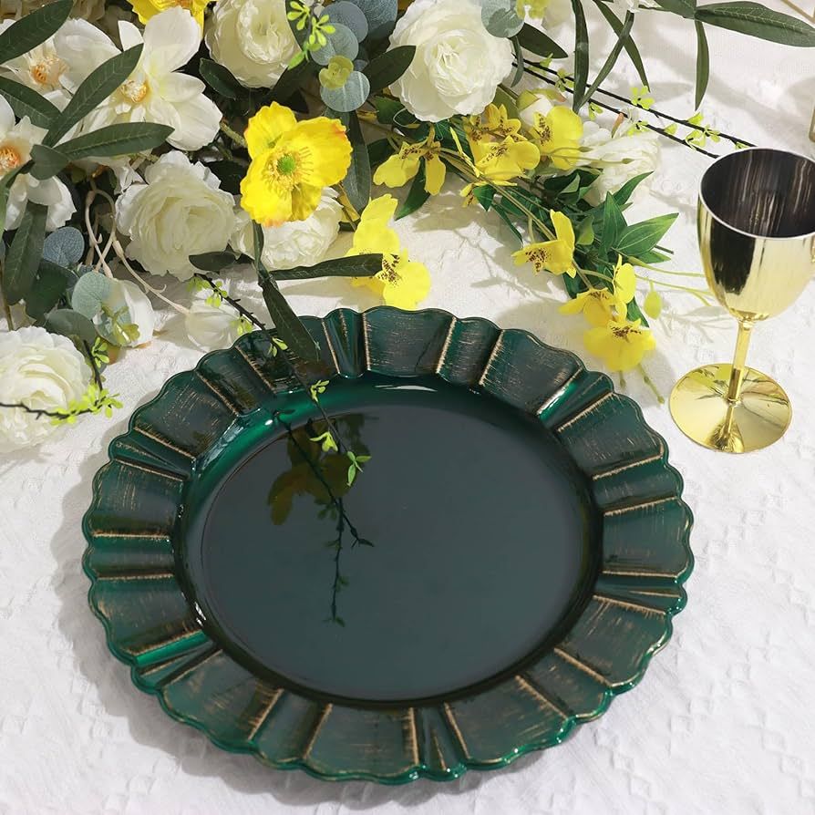 Efavormart Set of 6-13" Round - Hunter Emerald Green Plastic Charger Plates With Waved Scalloped ... | Amazon (US)