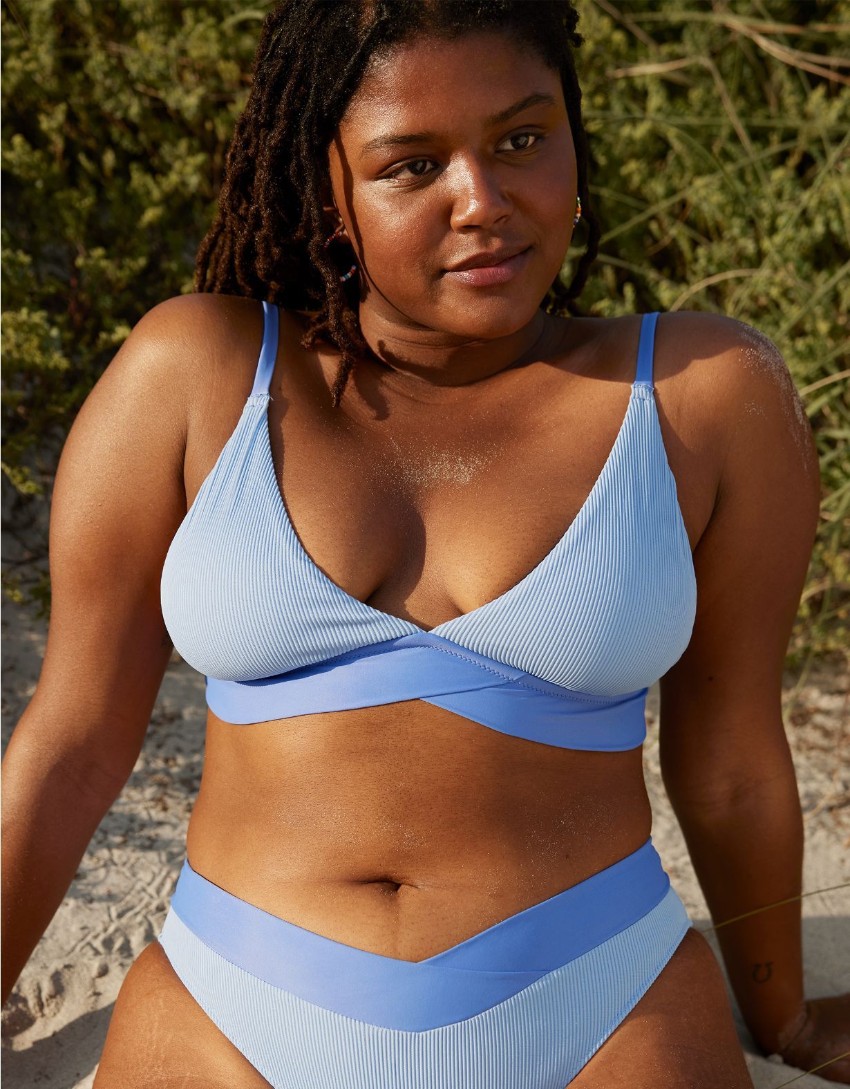 Aerie Ribbed Mix Crossover Triangle Bikini Top | American Eagle Outfitters (US & CA)
