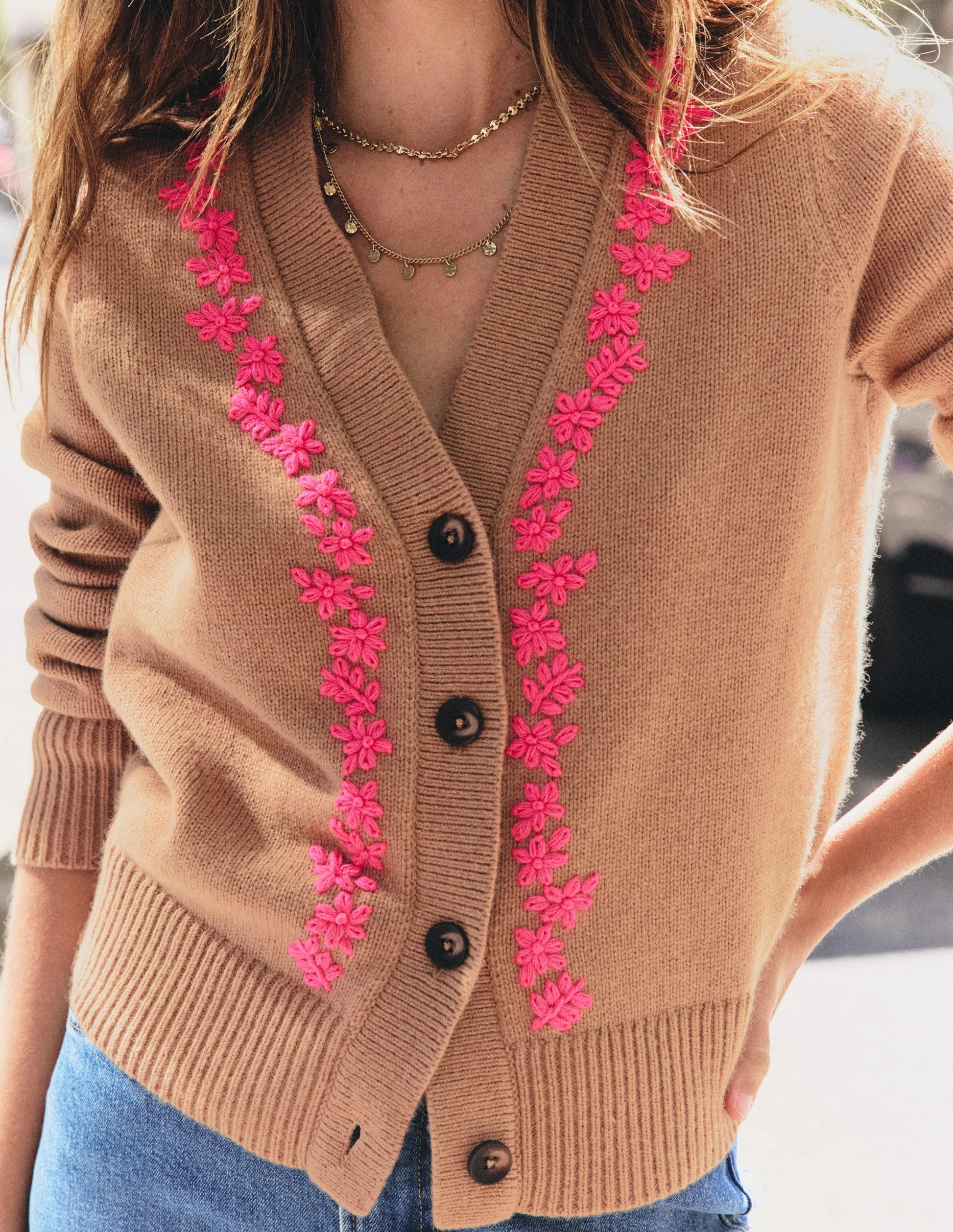 Ella Embroidered Knit Cardigan-Camel, Embroidery | Boden (US)
