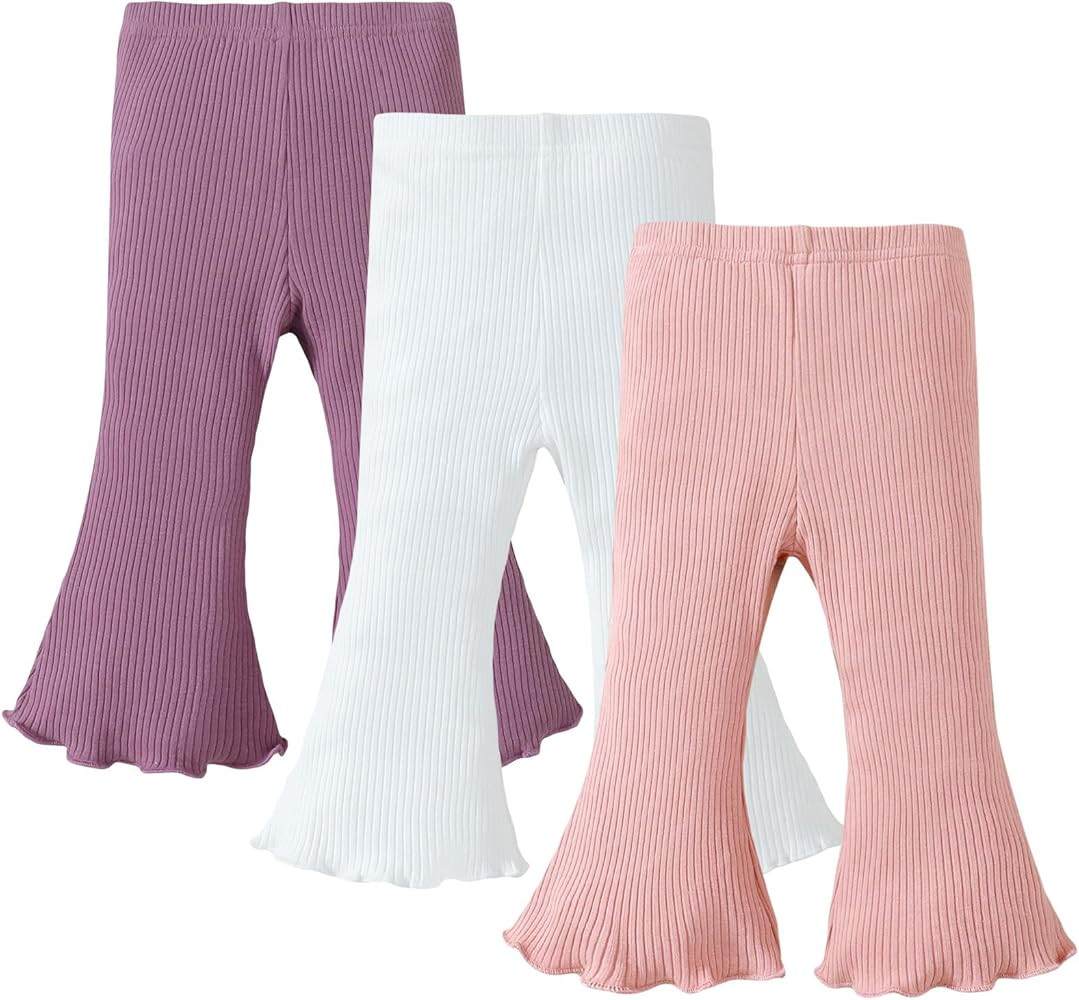 SOBOWO Baby Girl Flare Pants 3 Pack Toddler Solid Ribbed Ruffle Bell Bottoms Pants Trousers Fall ... | Amazon (US)